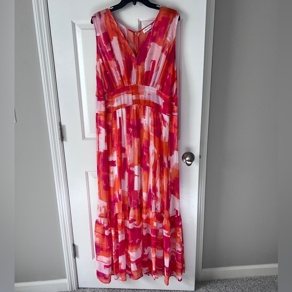 Calvin Klein Sunset Colors Sleeveless Chiffon Maxi Dress Discounted Shipping